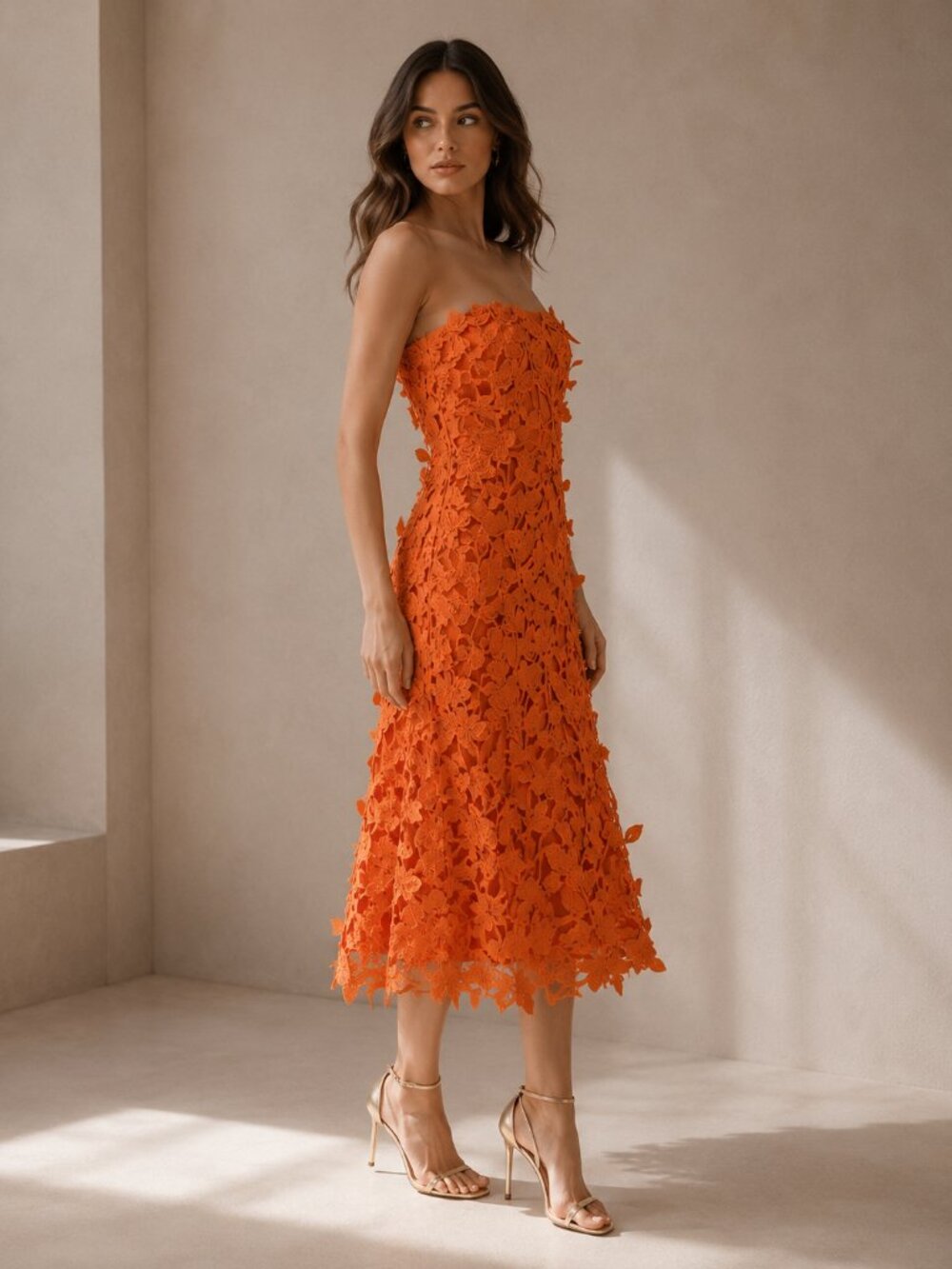 NWT Simkhai Strapless Floral Lace Midi Dress Orange 3D Applique Women's Size S